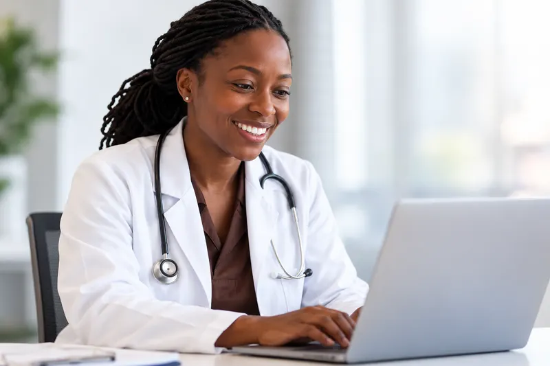 A doctor smiling at a laptop during an online session.